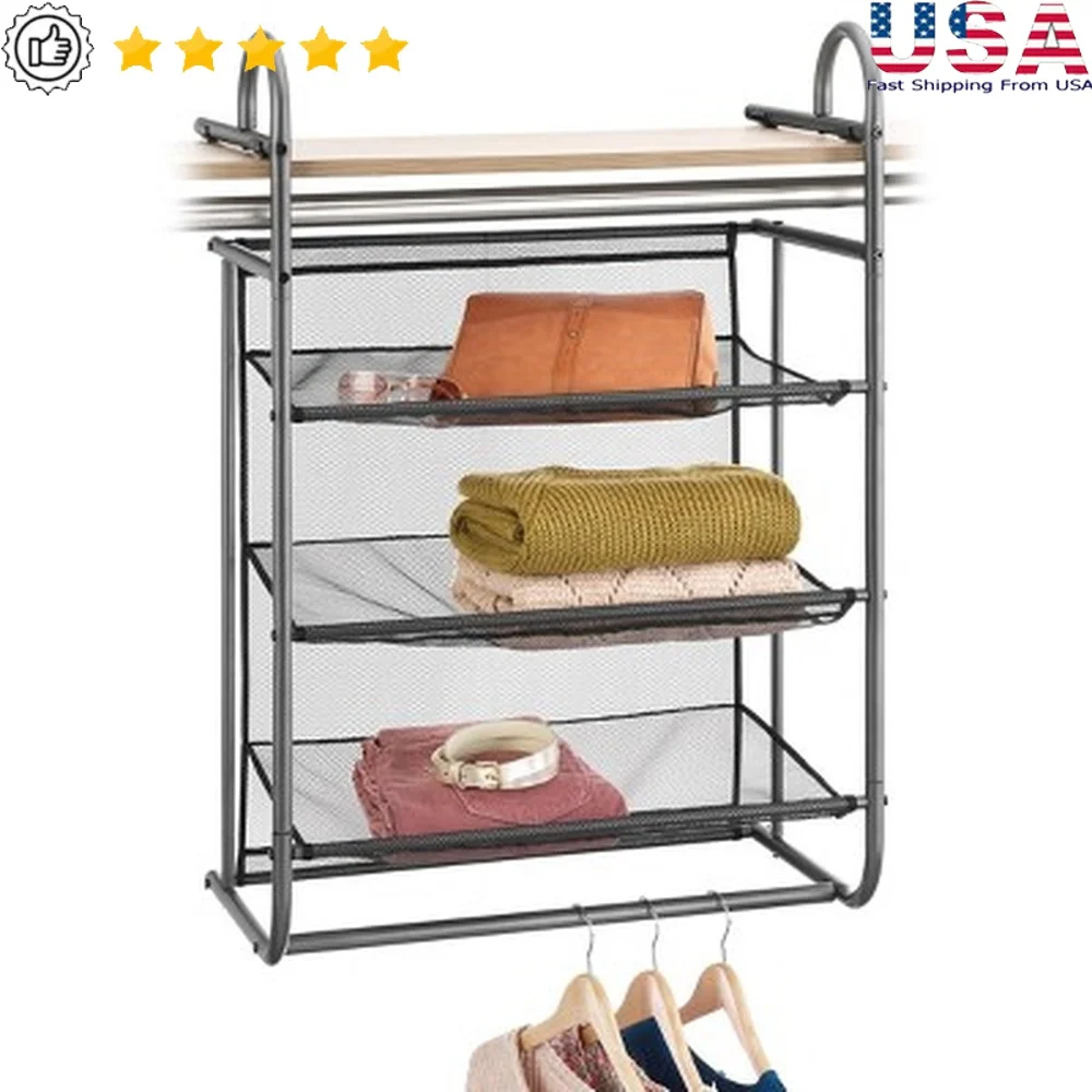 

Hanging Closet Organizer with 3 Mesh Shelves and Bottom Hanging Bar Clothing Accessories Shoes Storage