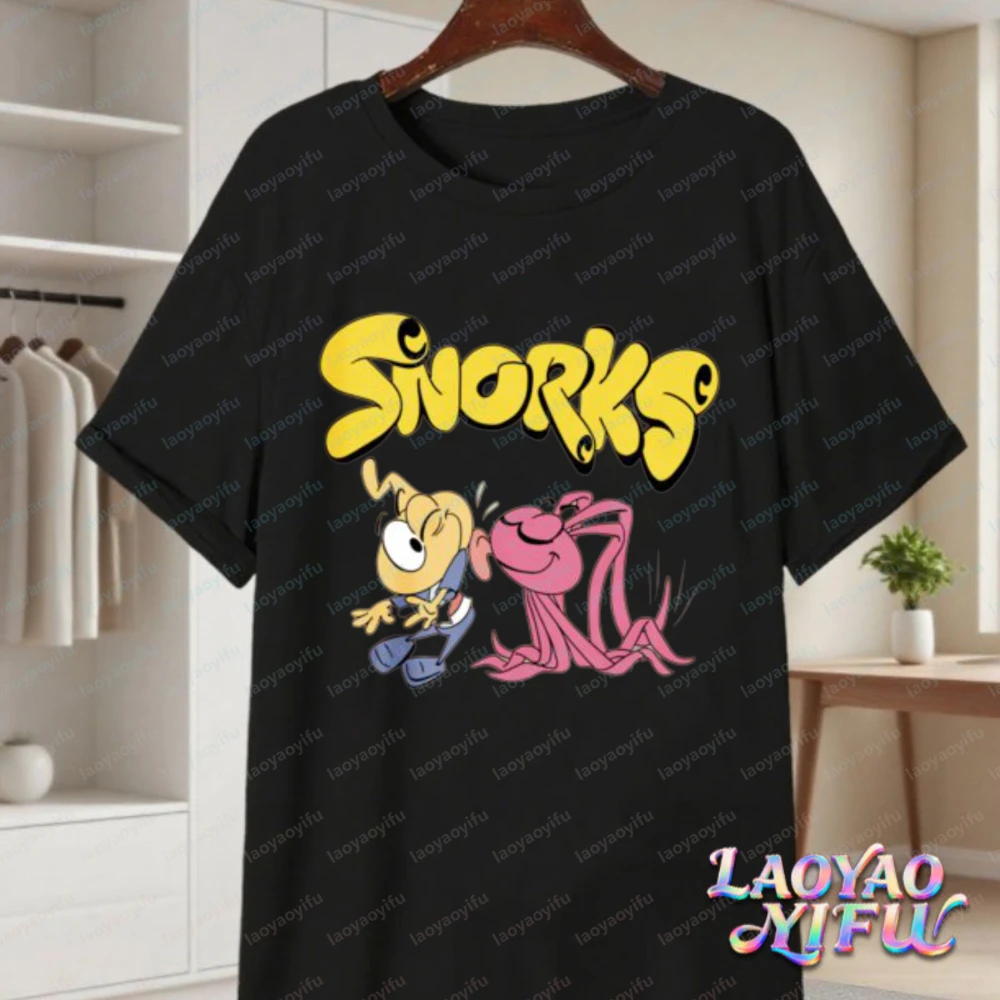 Fashion Snorks Cartoon Graphic Short Sleeve Tshirt Loose Casual Cotton Tops Retro 80s Classic Animation Print Tee Fun Streetwear