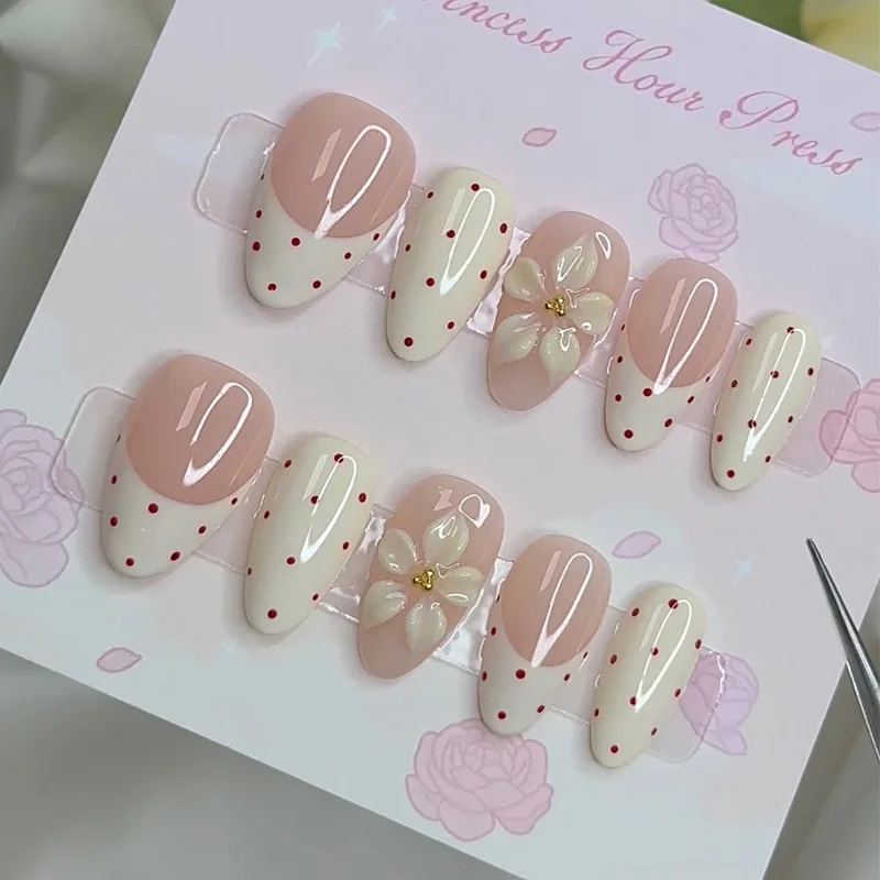 Bestselling Press-On Nails for Nail Art: Spring Creamy Off-White Slanted Nails with Embossed White Flowers and Wine-Red Polka Dots False Nail Tips