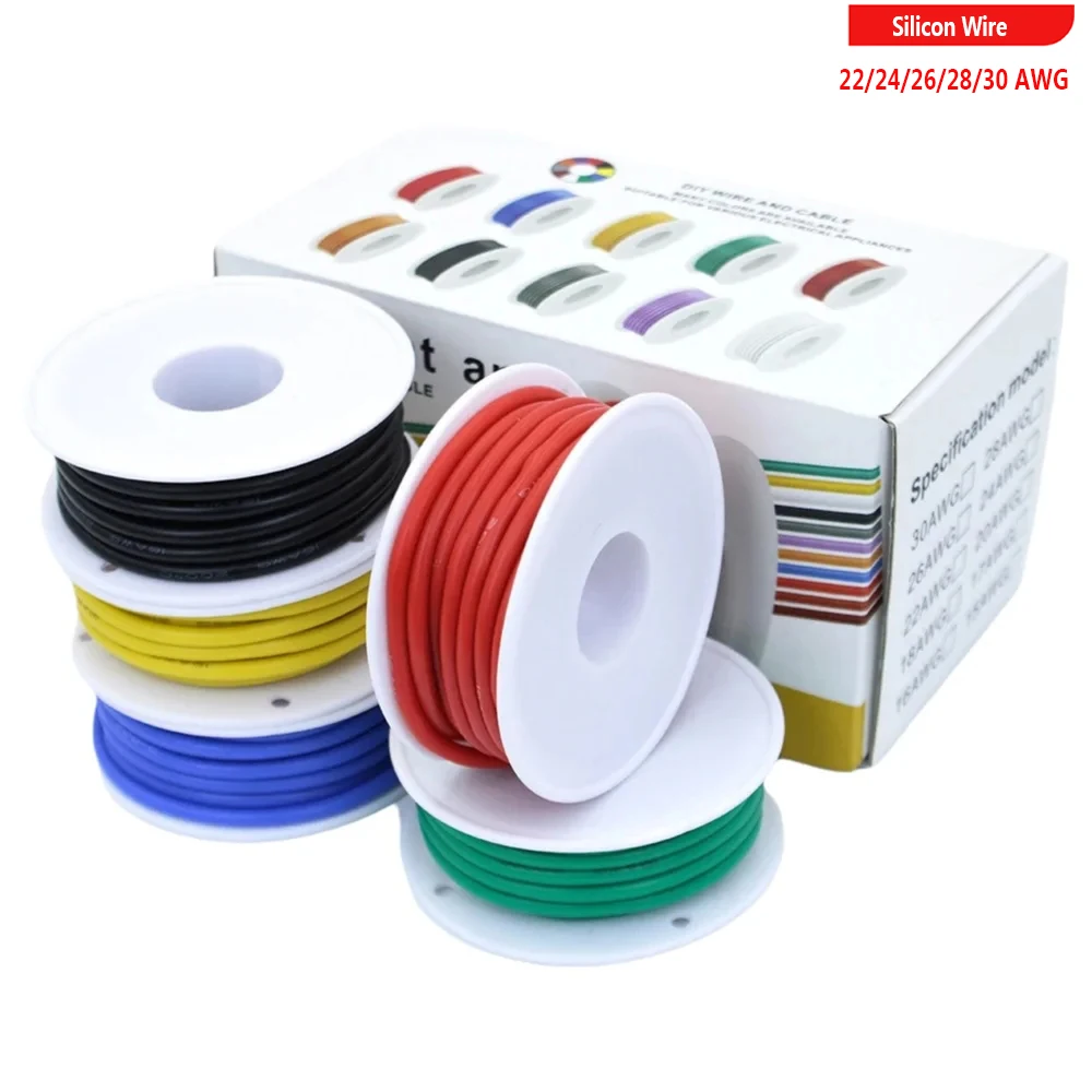 

Flexible Silicon Electric Wire Stranded 5 Colors Tinned Copper 22-30 Gauge Hook up Wires for Battery Soldering LED Welding