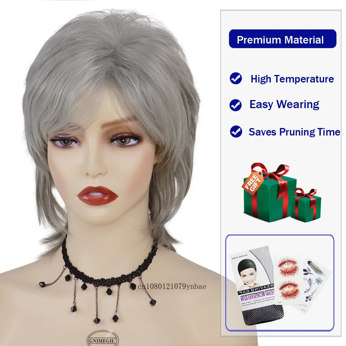 Grandma Grey Mullet Wigs for Women Synthetic Short Curly Wig with Bangs Daily Cosplay Costume Party Heat Resistant Older Wig