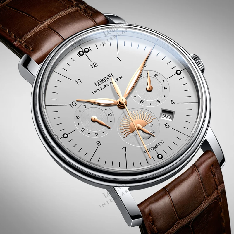 LOBINNI L15008 Multifunktions-Freizeitkleid-Armbanduhr für Herren und Herren, 40 mm mechanisches Uhrwerk, Automatikuhren mit Automatikaufzug