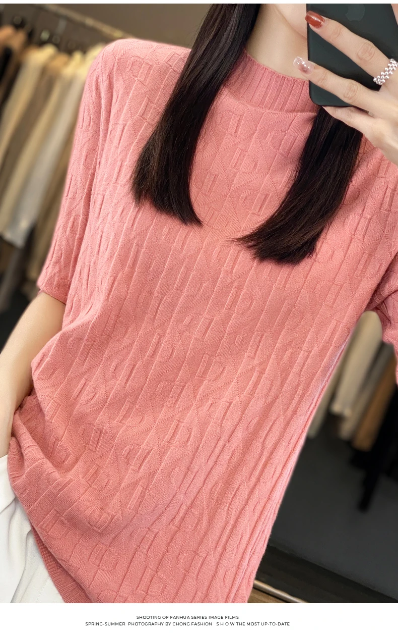 Women New Soft Diamond Letter Design Sweater Half-high Collar Three Quarter Sleeve Pullover Spring Summer Casual Knit Slim Top