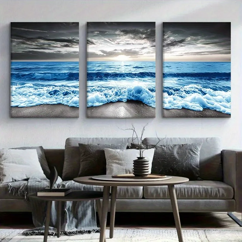 3PCS Modern Minimalist Style Art Poster with Frame Ocean Wave Canvas Wall Art Print Ideal Gift for Bedroom Living Room
