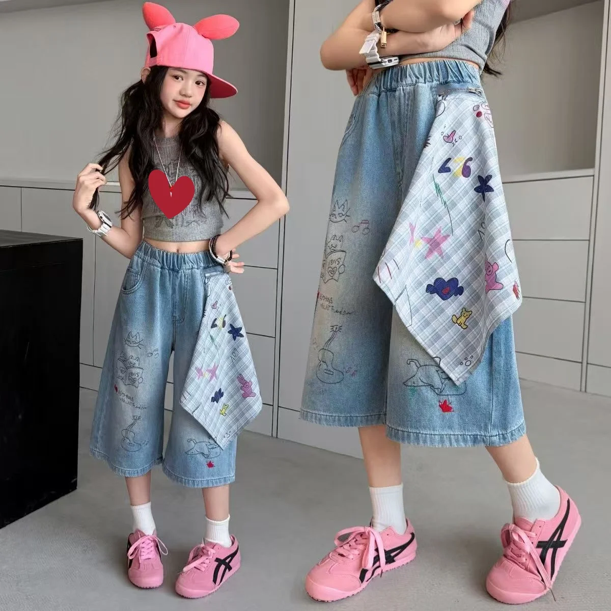 

Girls' Summer Cropped Loose Print Jeans 2026 New Style Children's Summer Fashionable Casual Pants