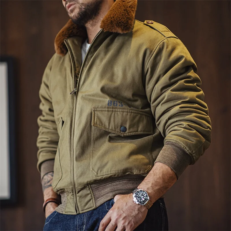 Maden Jaqueta Vintage B10 Bomber com zíper, gola de pelo, bolsos, jaqueta curta de inverno verde masculina, modelo clássico monocromático e quente para uso diário