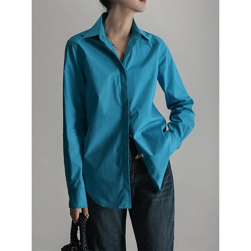 

High Count 100%cotton Shirts Women Polo Collar Slim Solid Color Casual Tops