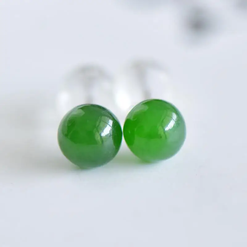 Genuine China Nephrite Stone Green Hetian Jade Ball Stud Earrings 925 Silver Certified Jewelry Women Fine Jewelry Ladies Gift