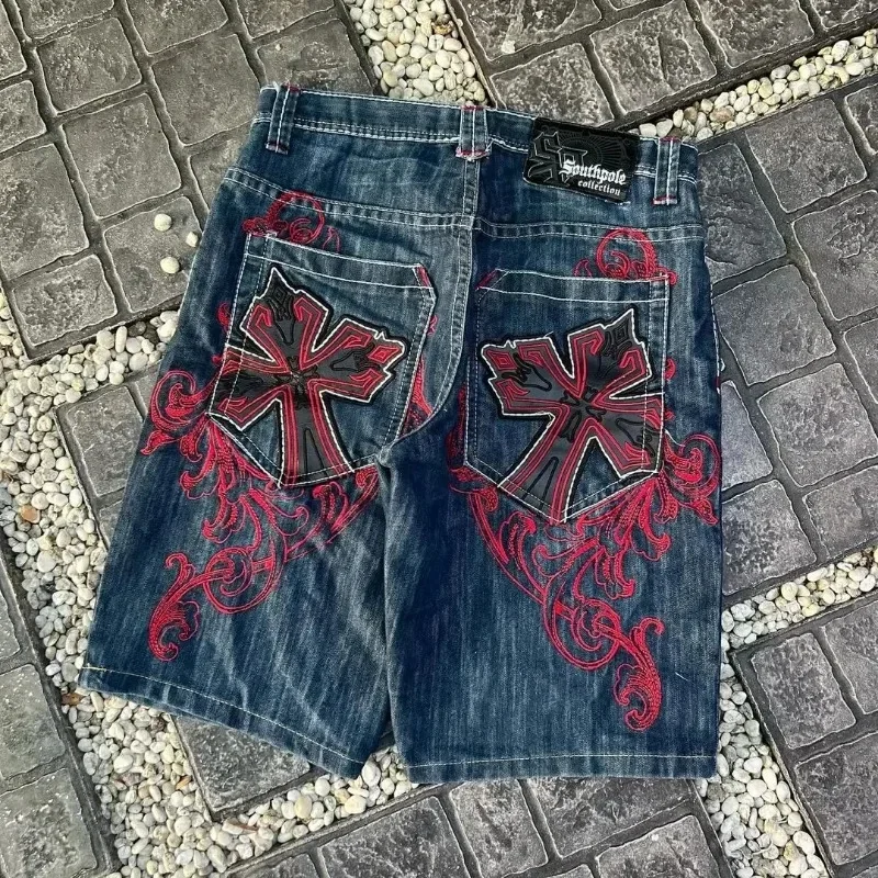 Y2K Street-Short en jean baggy pour homme, broderie à motif de crâne d'aile, mode américaine Harajuku, gothique, taille haute, fjgy court, nouveau