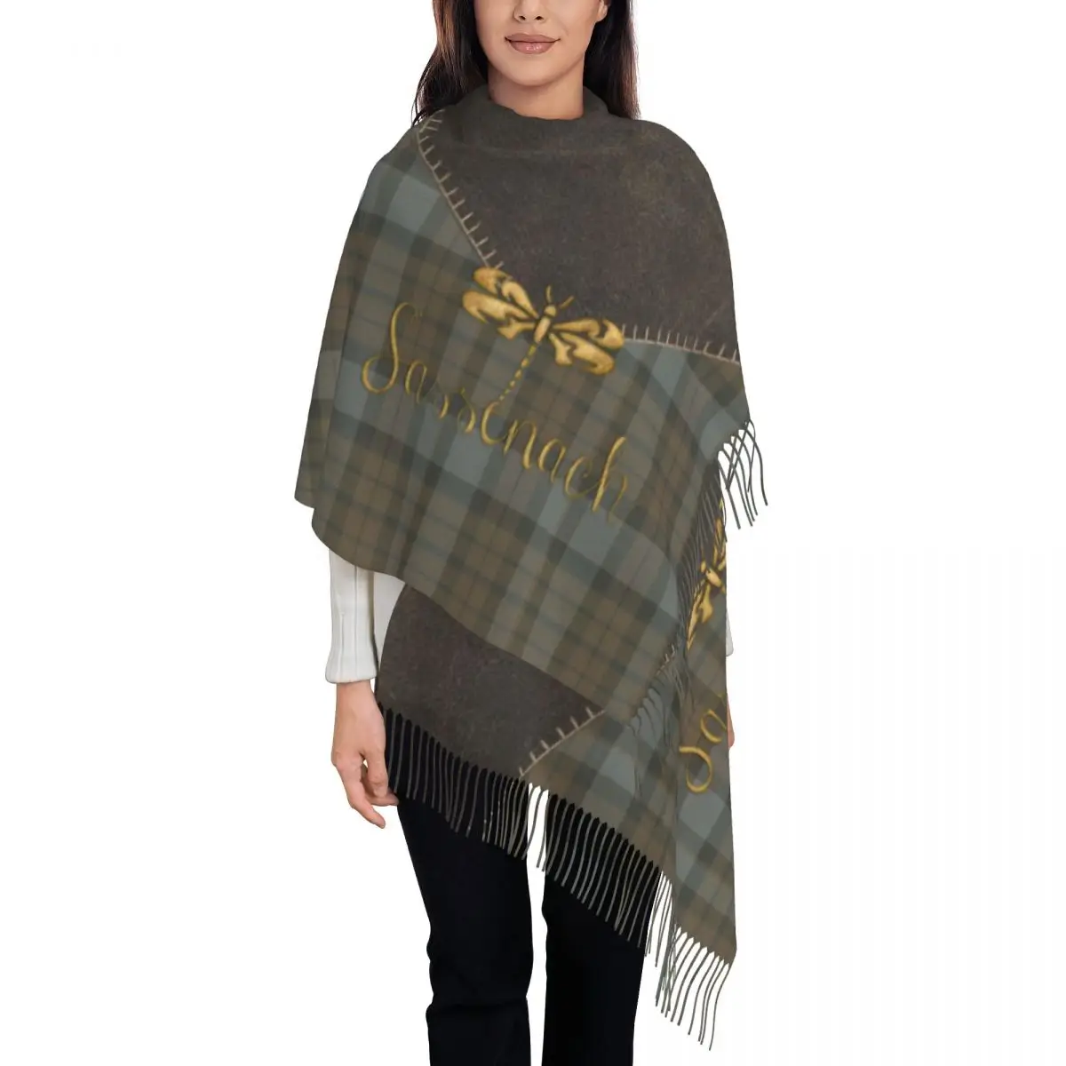 Leather And Tartan Sassenach Dragonfly Pattern Tassel Scarf Women Soft Shawl Wrap Ladies Winter Scarves