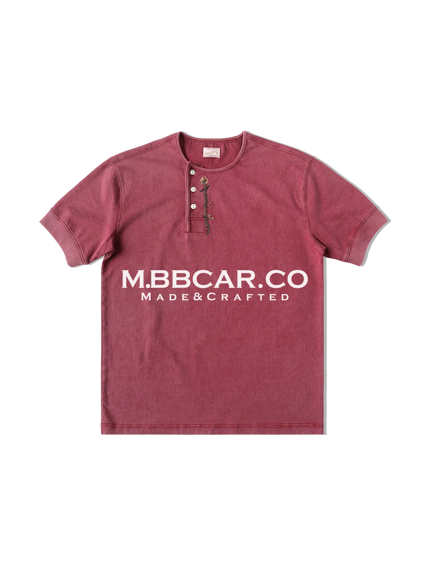 MBBCAR Western Series Embroidered Slim Fit Short Sleeve T-Shirt Henley Neck Casual Cotton Top Breathable Floral Design