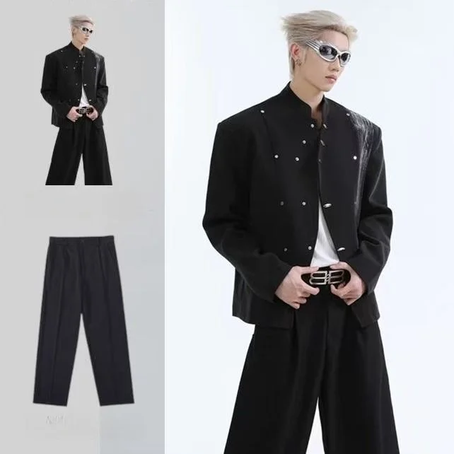 

New Chinese Style Splashed Ink Stand Collar Metal Decorated Men's Suit Jacket Street Trend 2026 Spring Standard Fit Polyester