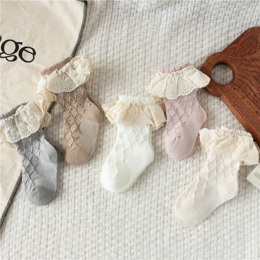 3Pairs/Lot Baby Girls Ruffle Lace Socks Infant Kids Children Princess Toddler Soft Cotton Cute Grid Short Sock For 0-5Years