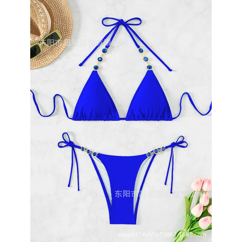 New Hot-Selling Sexy Tie Halter Neck Solid Color Swimwear Triangle Beach Bikini