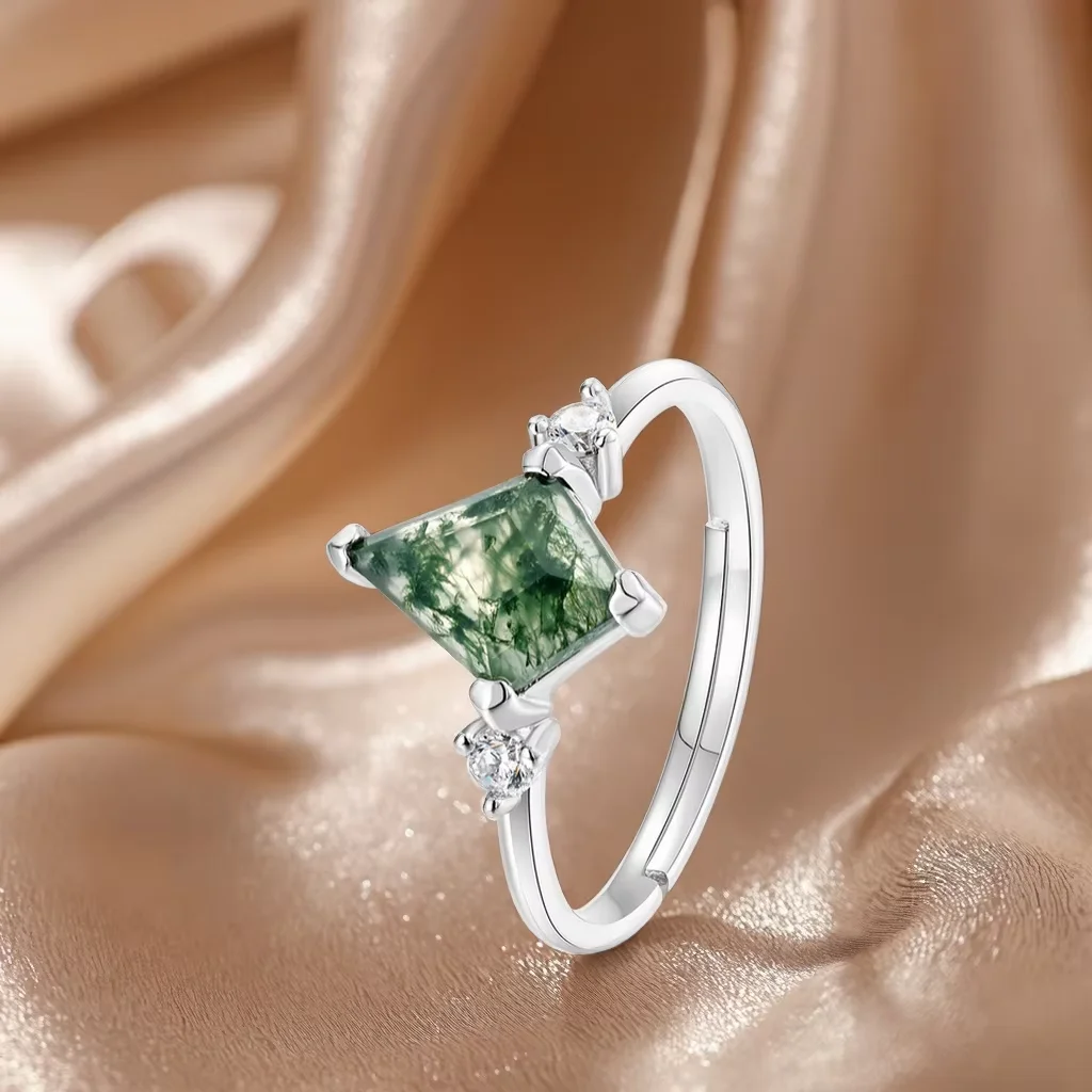 

Women's Fashion Kite Cut Moss Agate Ring White Gold Plating Adjustable Ring for Gift Engagement Party