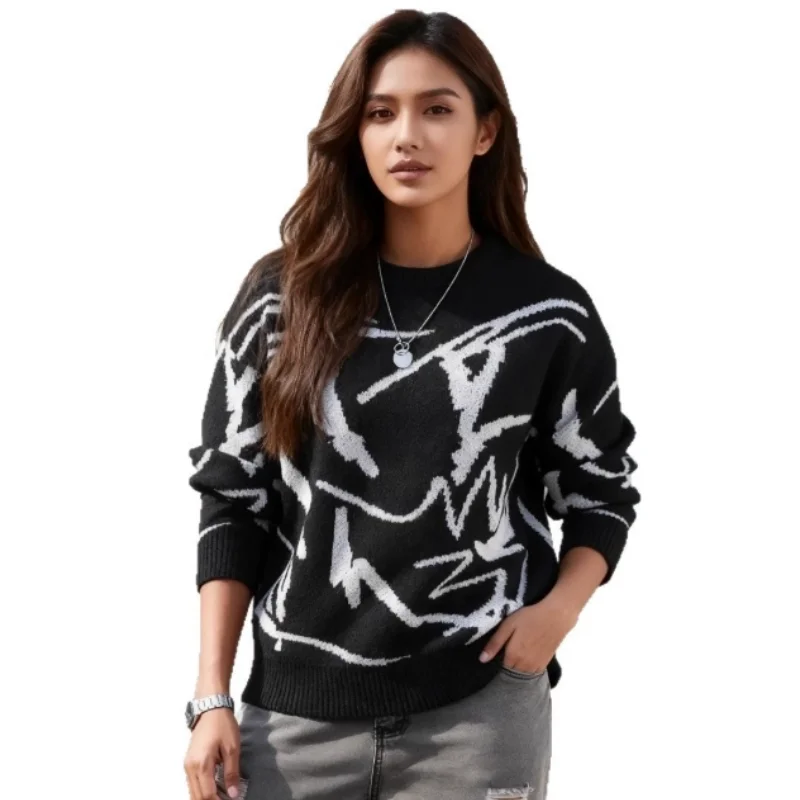 Men & Women Long Sleeve Knit Sweater Autumn Winter Hong Kong Style Round Neck Jacquard Knitwear Couples' Printed Sweater