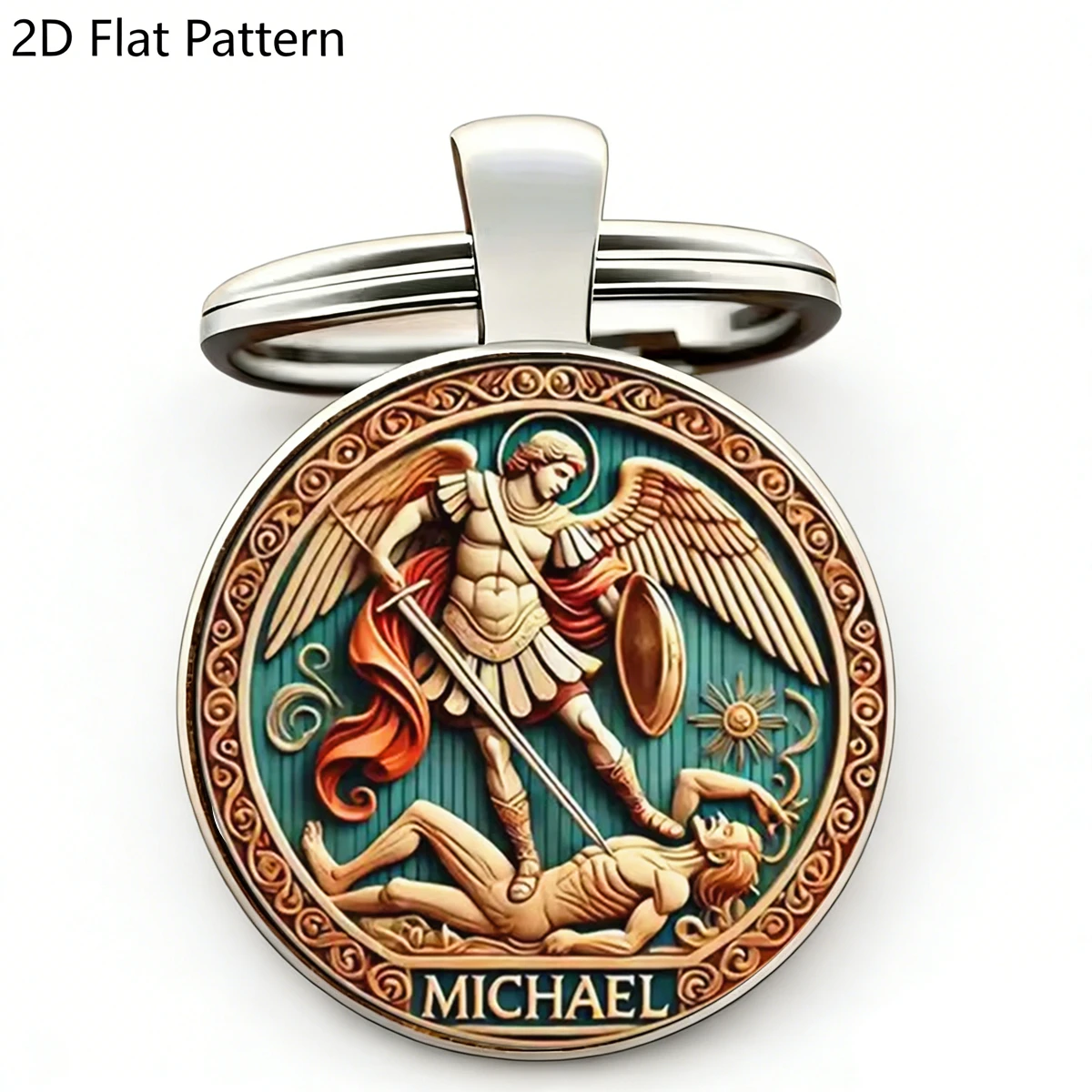 1PC Porte-clés Saint Michel, Porte-clés en verre Vierge Sainte transfrontalier - Design circulaire en alliage durable, Accessoires de mode