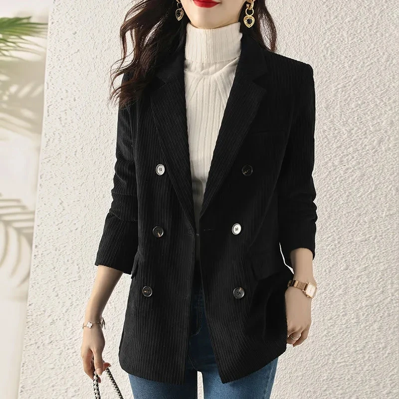 Korean Double Breasted Corduroy Blazer Suit Jacket,for Womens Clothes,Spring Autumn Blazes,2024 New,Casual Suit Coat,Female,Tops