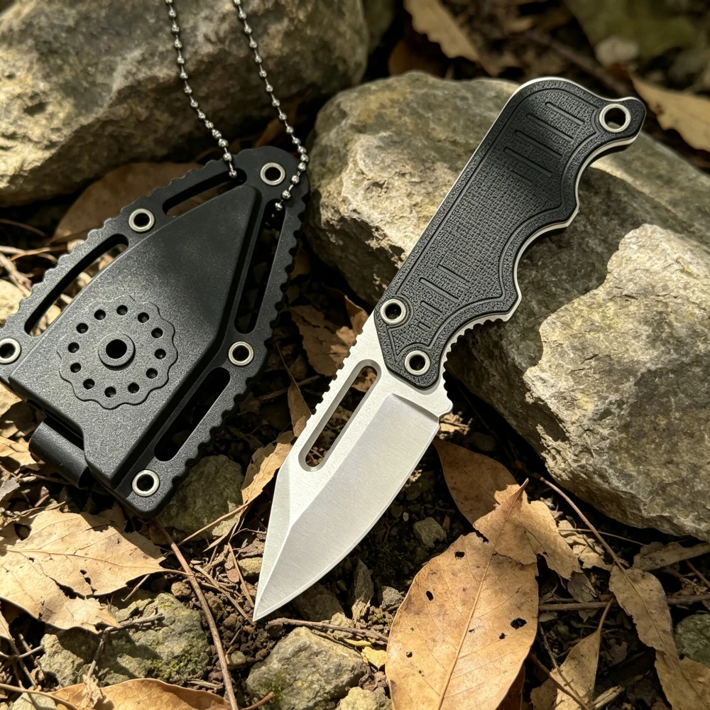 Mini cuchillo de hoja fija con collar, hoja de acero 5Cr15MoV con funda, herramienta práctica multifuncional para viajes al aire libre, senderismo y pesca