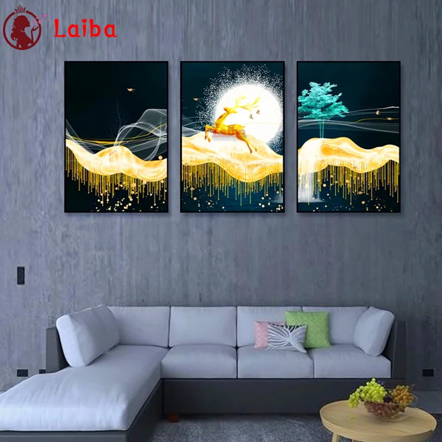 

3 pcs Abstract painting with diamond embroidery cross stitch animal forest boat swan diamond mosaic Triptych full drill decor