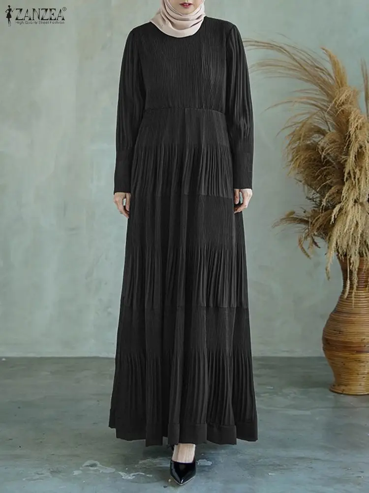 2025 ZANZEA موضة الخريف س الرقبة فستان بكم طويل المرأة رداء فساتين مسلمة عباية ماكسي طويل Vestidos الصلبة مطوي فستان الشمس #1