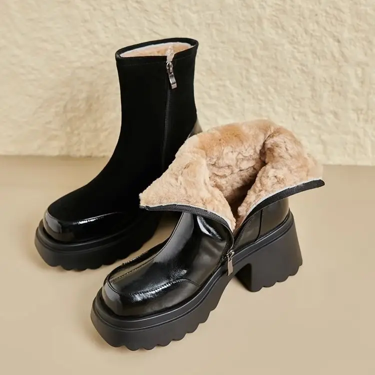 

Sheepskin and Fur Integrated Thick-soled Thickened Women's Large Cotton Shoes Winter High-heeled Thick-haired Warm Short Boots