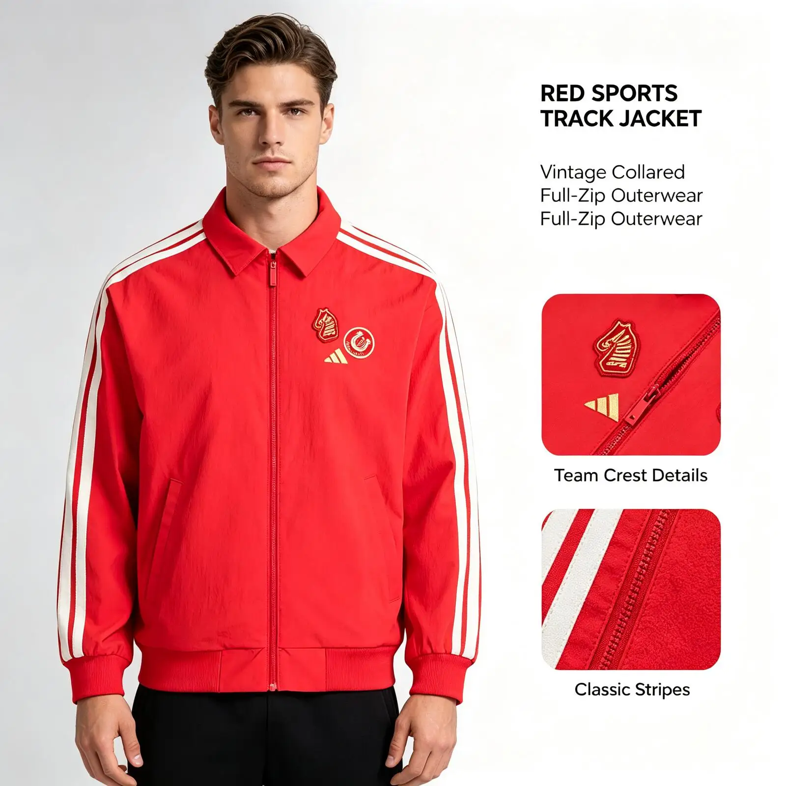 Adidas NYR 3S WV JKT KE4059 Men Red Collared Sports Track Jacket Vintage Full-Zip White Striped Team Outerwear