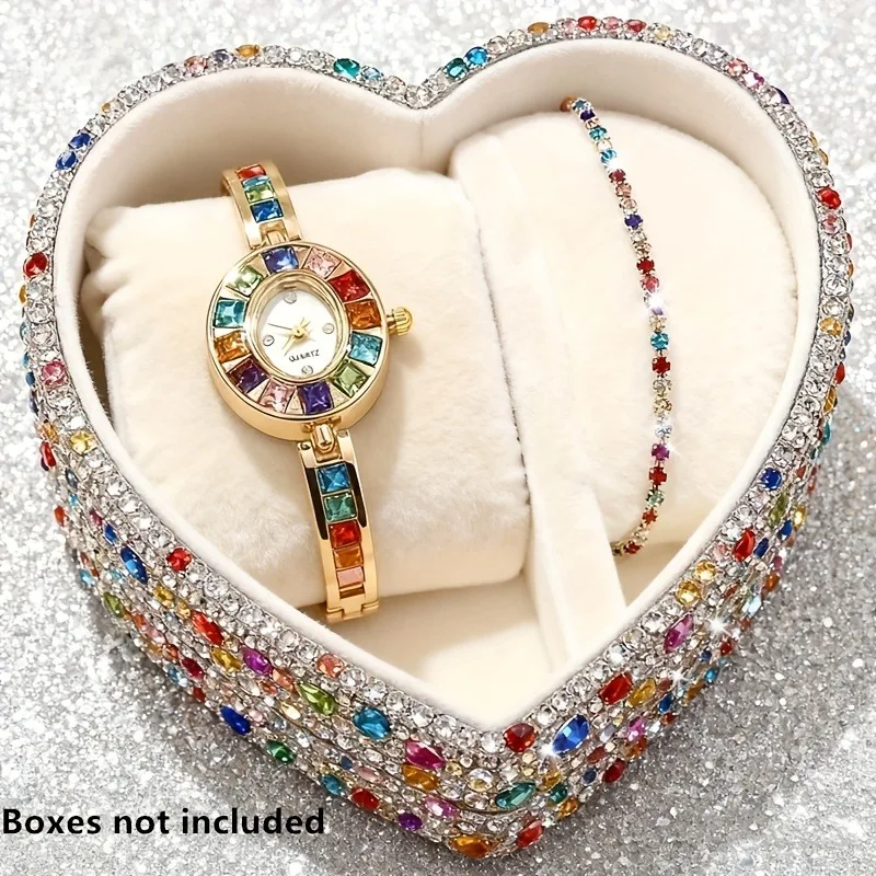 

2pcs Elegant Colorful Rhinestone Women Quartz Watch Bracelet Set Fashio Oval Dial Quartz Wristwatch Jewelry Gift（Without Box）