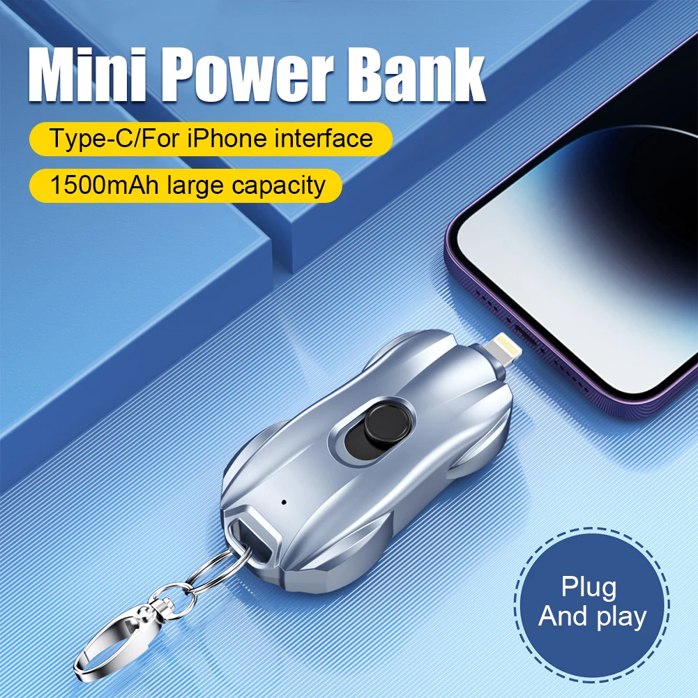 1500mAh Portable Mini Power Bank Emergency Charger Keychain for iPhone/Type-C Ultra-Lightweight Battery Pack for Huawei Samsung