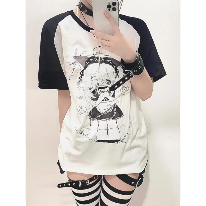 

Harajuku White Women T Shirts New Casual New Cartoon Print Tops Short Sleeves Patchwork Subculture Y2k Summer 2024 Anime Tees