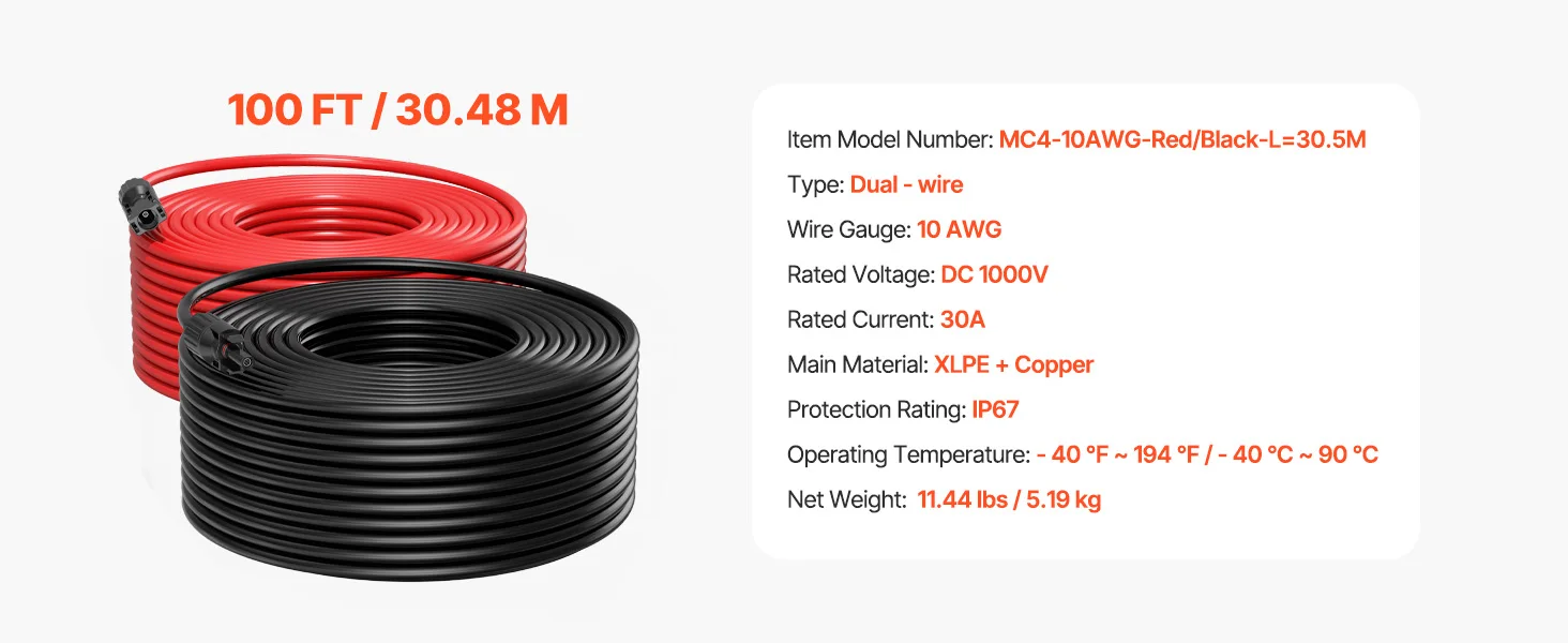 SucceBuy Solar Panel Extension Cable 20FT Black + 20FT Red / 30FT Black + 30FT Red / 50FT Black + 50FT Red / 100FT Black + 100FT Red 10AWG with Female & Male Waterproof Connectors 6mm² PV Cable for Home Ship