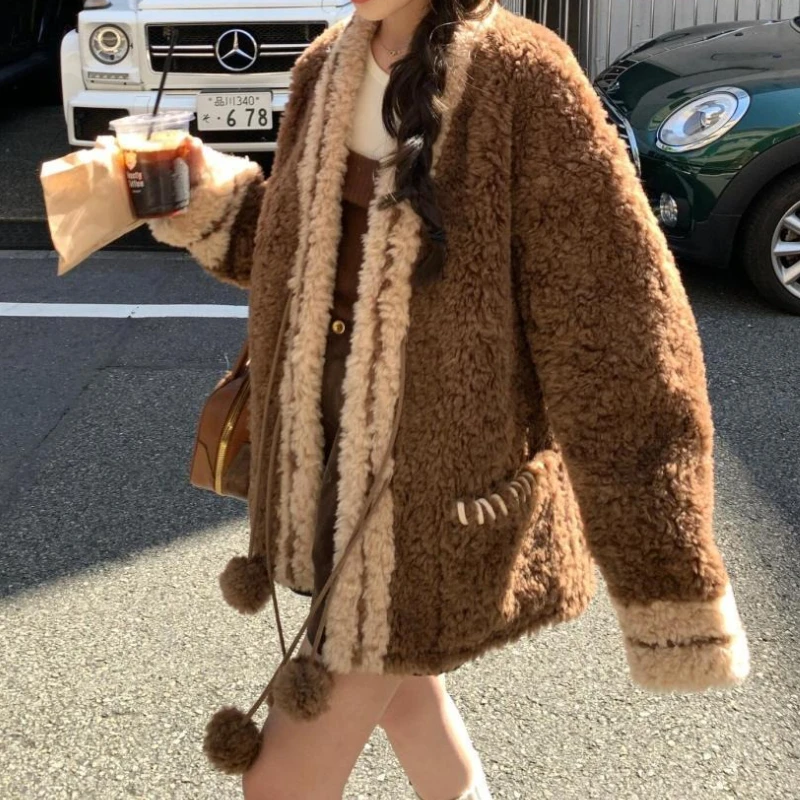 Abrigo grueso de estilo universitario para mujer, nuevo abrigo holgado y perezoso para mujer, Top de otoño e invierno