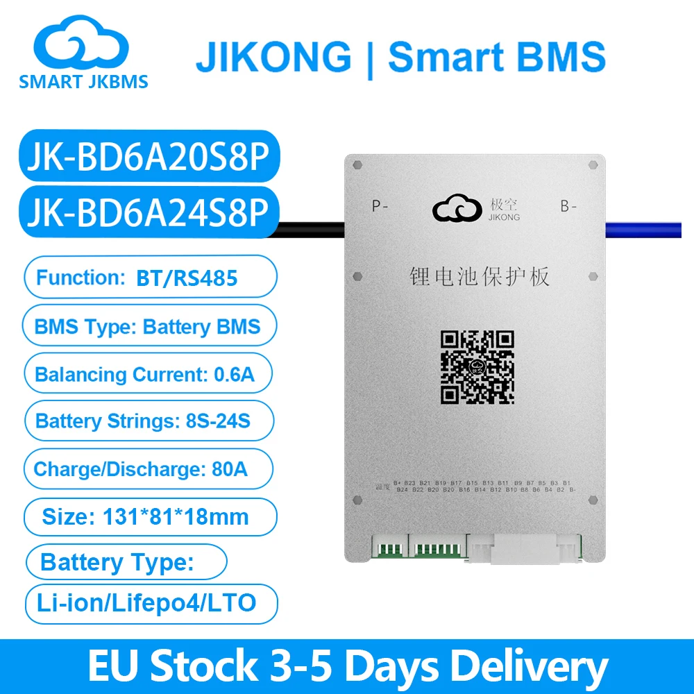 JK BMS 4S~24S Smart BMS BD6A24S8P with RS485 BT APP 0.8A 12V-24V Active Balance BMS for LiFePo4 Li-ion LTO Battery Pack 80A BMS