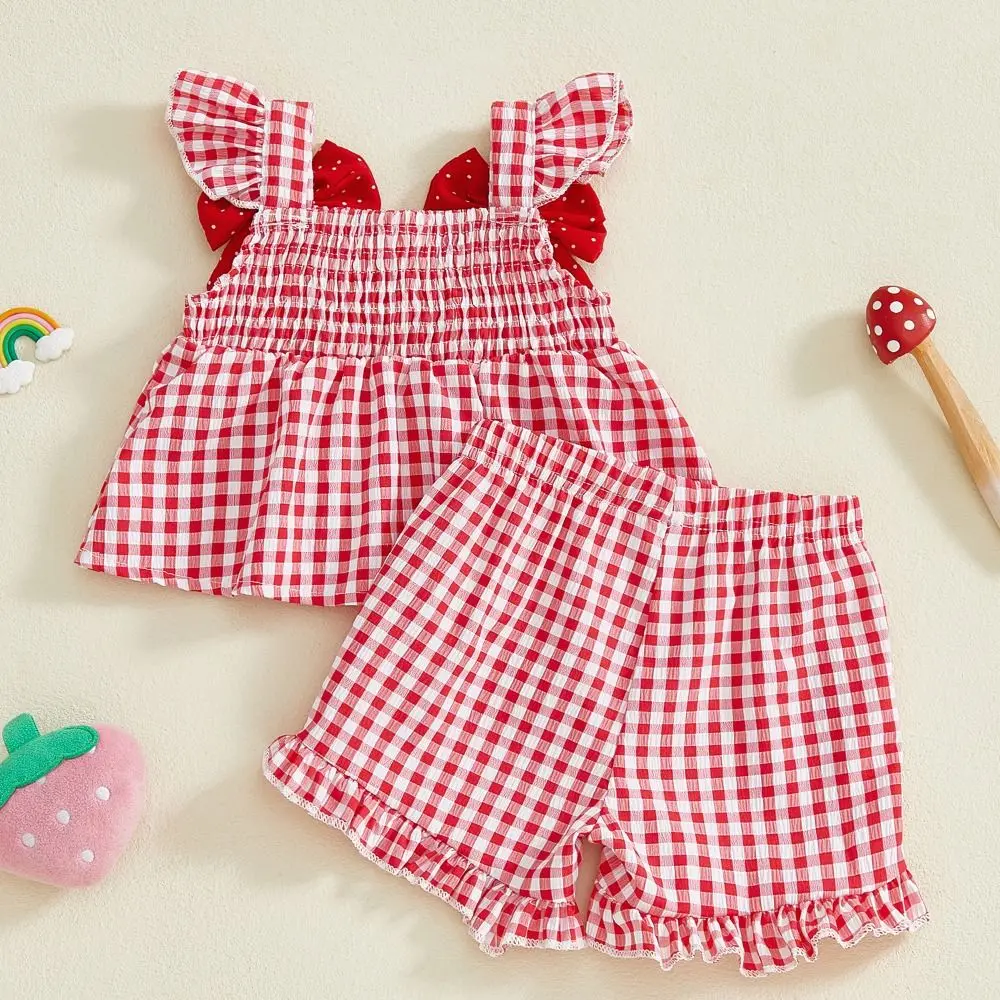 2pcs/set Strawberry Embroidered Toddler Girl Outfit Ruffled Trim Plaid Bows Summer Outfit Breathable Sweet Toddler Clothes Set