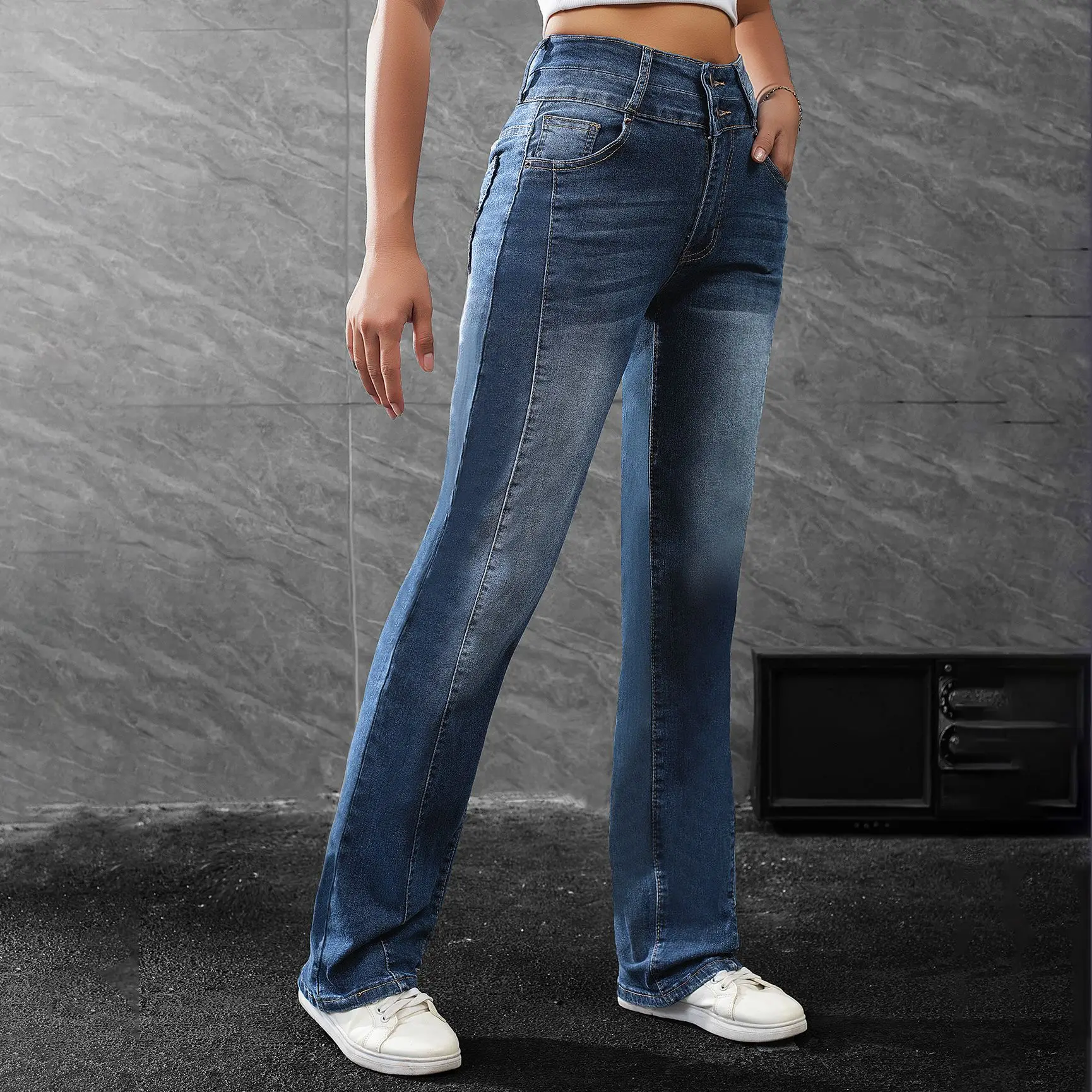 กางเกงยีนส์ผู้หญิงใหม่ ฤดูใบไม้ผลิและฤดูใบไม้ร่วง ปี 2025 ทรงตรง ขาตรง ผ้ามีความยืดหยุ่น ดีไซน์เรียบง่าย แฟชั่น สวมใส่สบาย ใช้งานได้หลากหลาย สีน้ำเงิน