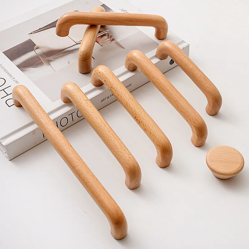 

Natural Wood Tone Minimalist Cabinet Handles Solid Beech & Walnut Drawer Pulls for Wardrobe Dresser Wooden Furniture Hardware