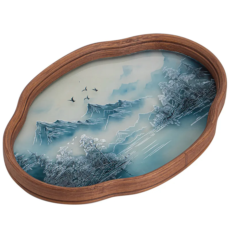 

Glass tray pot bearing tea tray household new Chinese retro landscape ink wind crabapple flower type