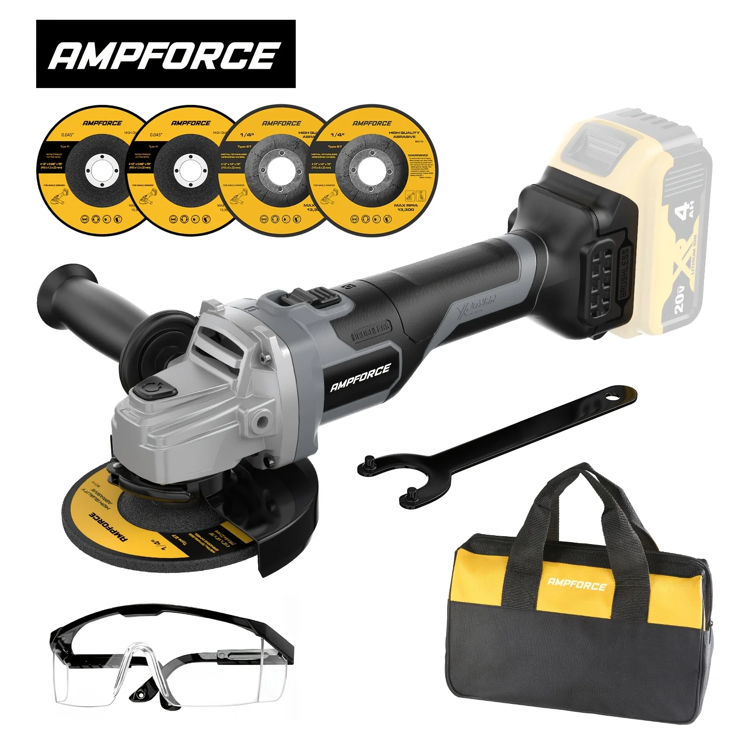 

20V Brushless 4-1/2" Angle Grinder for Dewalt Battery(Battery Not Included), Max 9000RPM, Tool Free Guard, Soft Start, Accidental Start Prevention, Electronic Safety Brake, with Metal Grinding Wheels. for Grinding, Polishing And Carving
