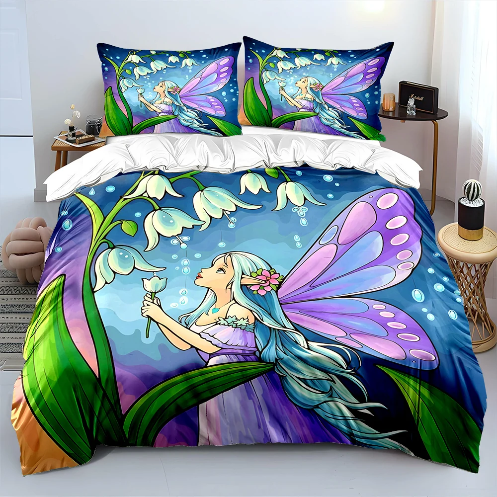 Fantasievolle blauhaarige Fee mit Lilien, bedrucktes Bettwäsche-Set, 1 Bettbezug, 2 Kissenbezüge für Erwachsene und Kinder, Luxus-Geschenk, volle Größe