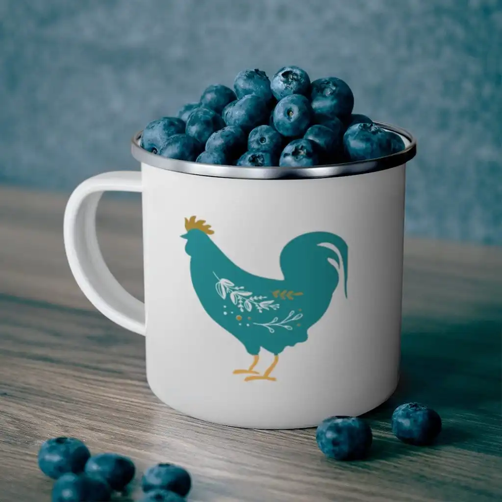 Teal Floral Rooster Floral Chicken Lover Gift, Chicken Farm Life Enamel Camping coffee Mug