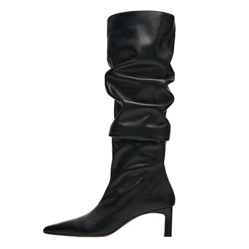 

Сексуальные черные плиссированные дизайнерские сапоги до колена с острым носком, женские удобные длинные сапоги из мягкой кожи на каблуке «котенок», элегантные женские туфли Luxe