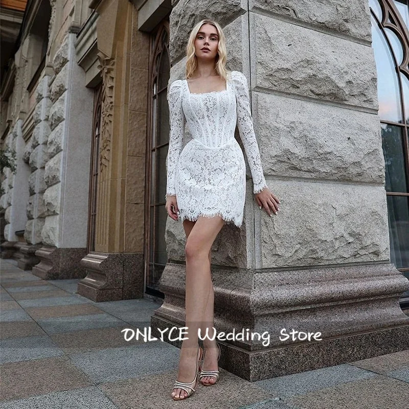 Suknia ślubna boho z długim rękawem, koronką, kwadratowym dekoltem, mini, plus size, vestidos de novia, szyta na miarę, wysoka jakość.