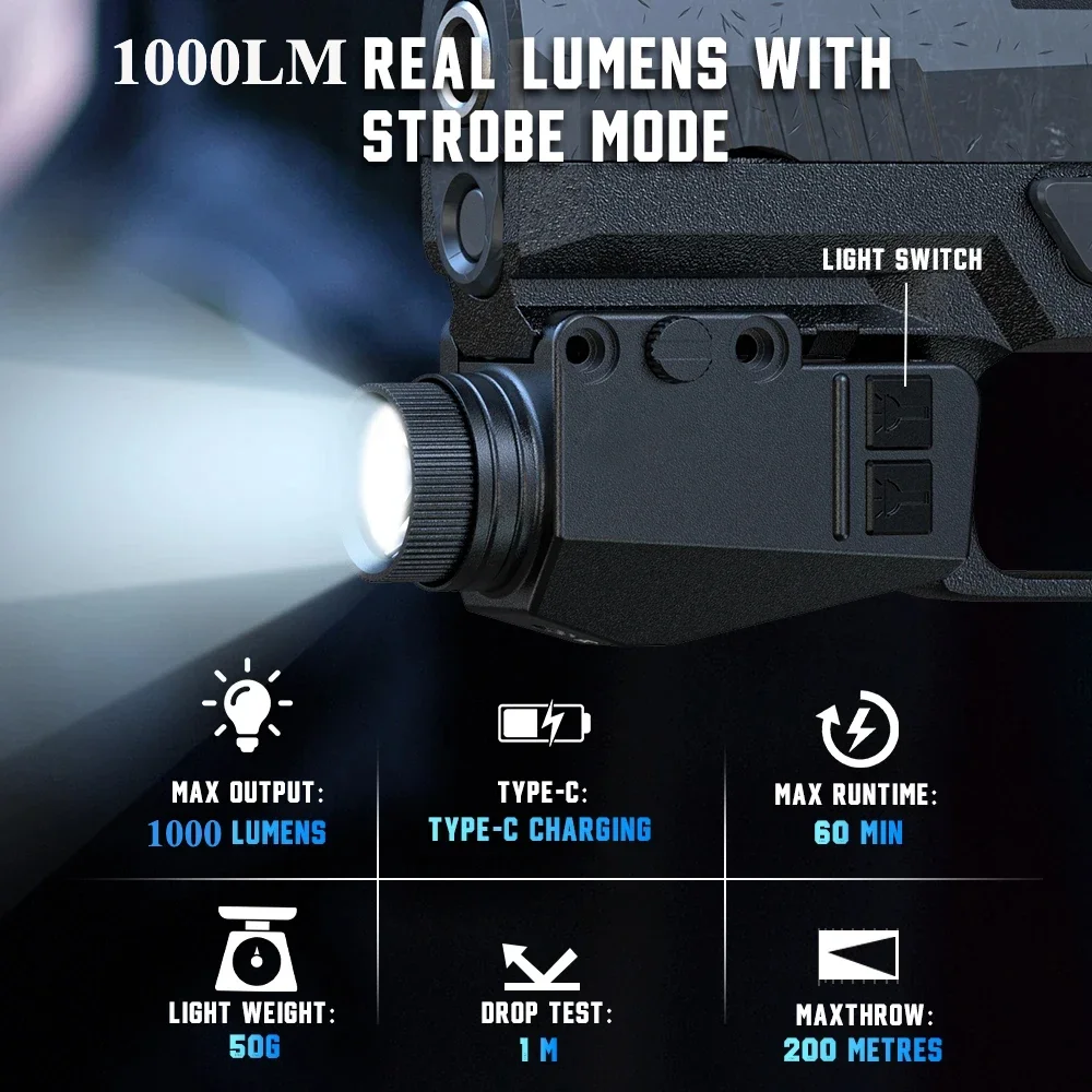 1000 Lumens Tactical LED Flashlight USB Charging Pistol Combo Red Green Blue Purple Laser Sight for 1913 or GL Rail