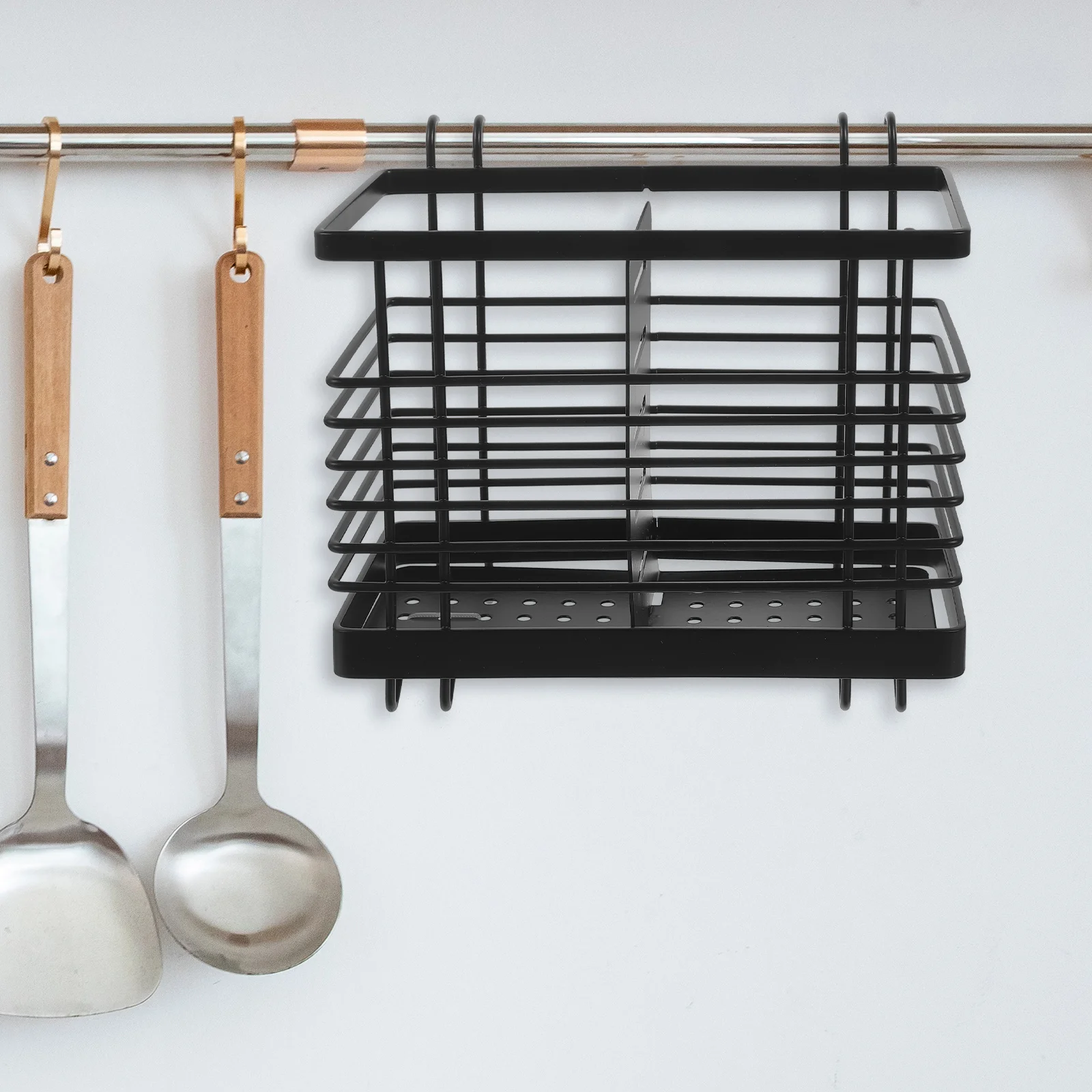 

Cutlery Holder Iron Material Silverware ganizer Tray Kitchen Utensil Drying Rack Chopstick Storage Practical Design Black Color