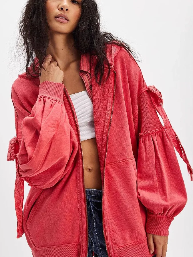 

Women's Loose Casual Hoodie Pure Color Hooded Sweatirt Comfortable Breathable Long Sve Zipper Closure Commute Sle