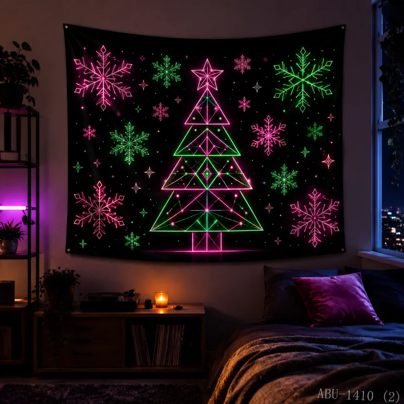 VIKAMA Neon Pink Blue Floating Tree Planet Crystal Island Galaxy Starry Snow Christmas Tapestry Wall Hanging Bedroom Living Room