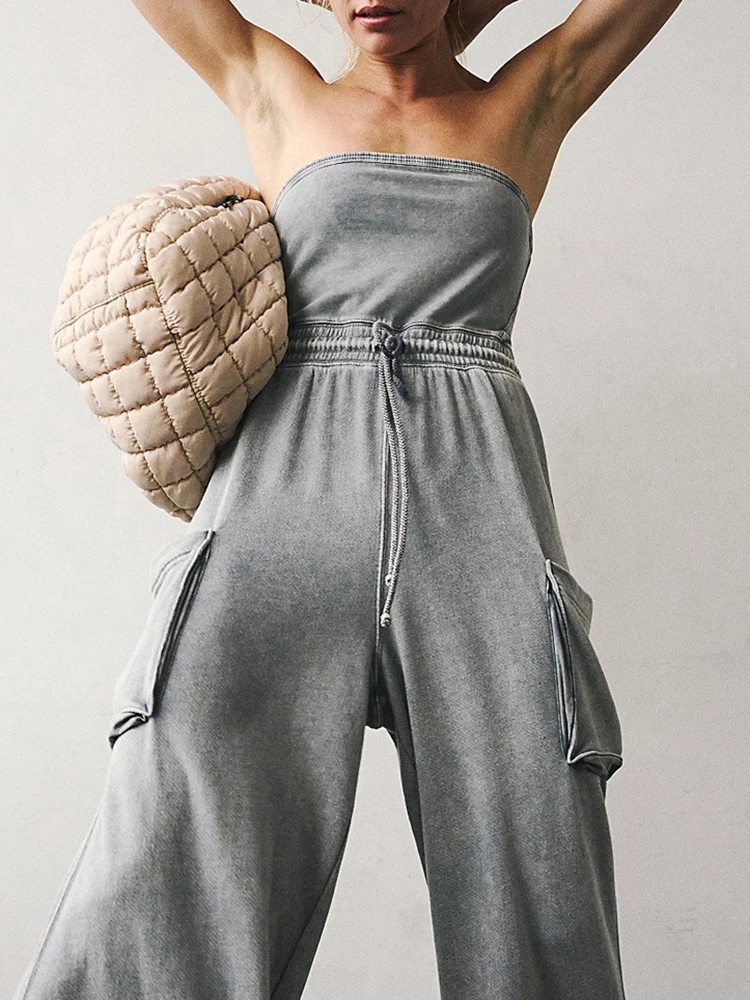 

Fashion Strapless High Waist Sports Jumpsuit 2025 Casual Off Shoulder Pocket Pants Rompers Lady Elegant Lace Up Solid Playsuits