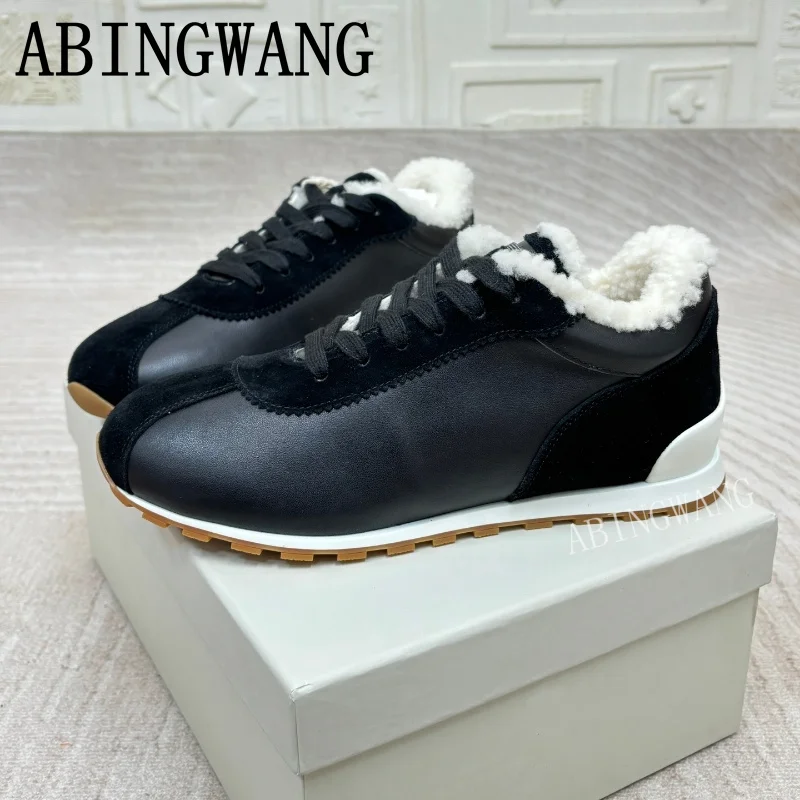 2025 inverno novas mulheres camurça retalhos dentro de pele tênis planos sola grossa sapatos casuais quentes dedo do pé redondo rendas até tênis casuais