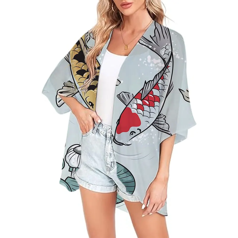 Kimono azul Ocean Series de gasa para salida en la playa, traje de baño, camisetas, Kimono de verano, cárdigan, Tops, traje de baño para mujer, abrigo 2024