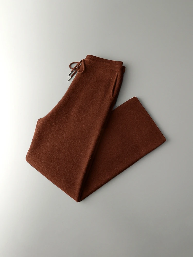 Celana Panjang Pria Mewah 100% Wol Merino Rajut Tebal Model Kaki Lebar Hangat Kasual Bisnis Warna Solid Lembut untuk Musim Gugur dan Musim Dingin